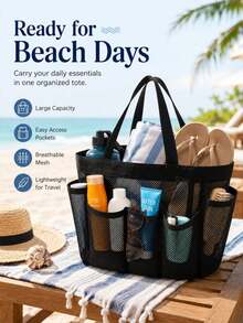 1pc Black Mesh Shower Caddy Bag, Portable Lightweight With Handle, Suitable For Dorm, Gym, Camping, Bathroom And Travel Essentials - Multicolor - View 3