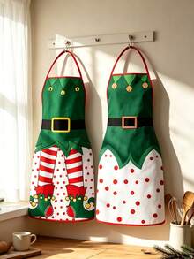 2pcs/1pc Christmas Aprons For Men And Women -Dark Green Fairy Print Pattern, Couple Aprons For Men And Women, Suitable For Christmas Party, Apron Kitchen - Multicolor - View 1