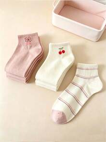 1/5 Pairs Women's Cherry Pink Short Socks, Cute Sweet Breathable Low-Cut Socks, Versatile For Daily Wear, Suitable For All Seasons - Multicolor - View 3