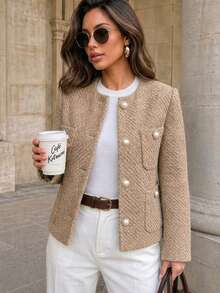 Women's Autumn/Winter Off-Shoulder Cropped Jacket, Elegant Minimalist Fashion Design With Pockets, Tweed Fringe Old Money Style Jacket Coat, Suitable For Daily Wear, Commuting, Street, Dating, Vintage Tea Party, Garden, College Style - Khaki - View 4