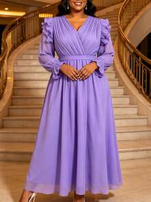 Plus Size Women Elegant Lavender Chiffon Pleated Dress V-Neck Ruffle Long Sleeve High Waist Maxi Gown,Suitable For Wedding Guests,Church,Formal Party - Mauve Purple - View 10