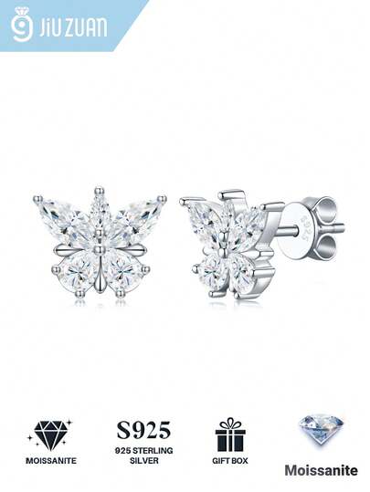 D-Color Moissanite Butterfly 925 Sterling Silver Stud Earrings, Hypoallergenic Premium Jewelry, Ideal Gift For Women's Daily, Wedding And Party Wear