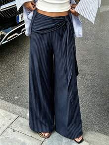 Women's Woven Striped Side Zipper Waist Design Casual Elegant Loose Long Pants, Spring/Autumn - Navy Blue - View 5