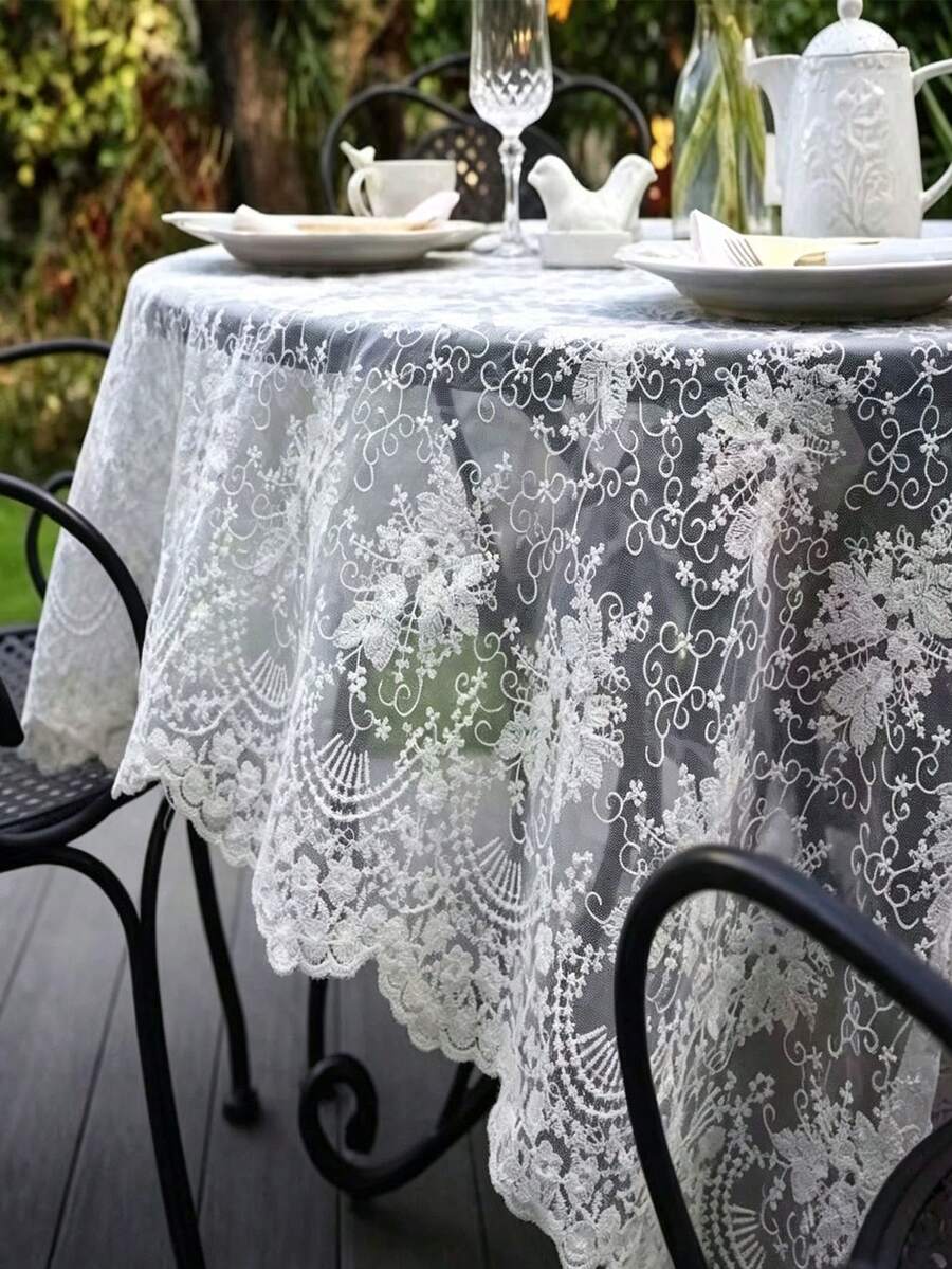 White Vintage Floral Lace Round Tablecloth, Rectangular Polyester Tablecloth, Exquisite Lace And Edge Stitching Craftsmanship, Translucent Lace Tulle Texture, Suitable For Wedding, Pre-Wedding Party, Garden Tea Party And Home Dining Table Decoration In Rustic Bohemian Style, Also Applicable For Thanksgiving, New Year, Coffee Table, Banquet, Hawaiian Theme - 1PC - View 1