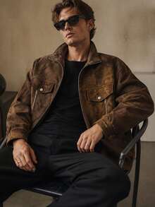 Men's Autumn Faux Suede Stand Collar Jacket, Multi-Pocket Zipper Utility Jacket, Loose Casual Daily Streetwear Top With Inner Pockets - Brown - View 5