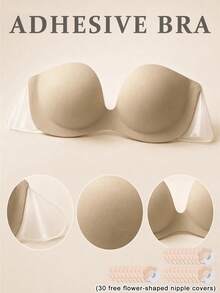 Apricot & Black Dual-Color One-Piece Bra (Includes 30pcs Non-Woven Fabric Flowers), Minimalist Matte Surface, 3D Curved Cup Design With Crescent Glue Coating, Fits Body Shape - Multicolor - View 1