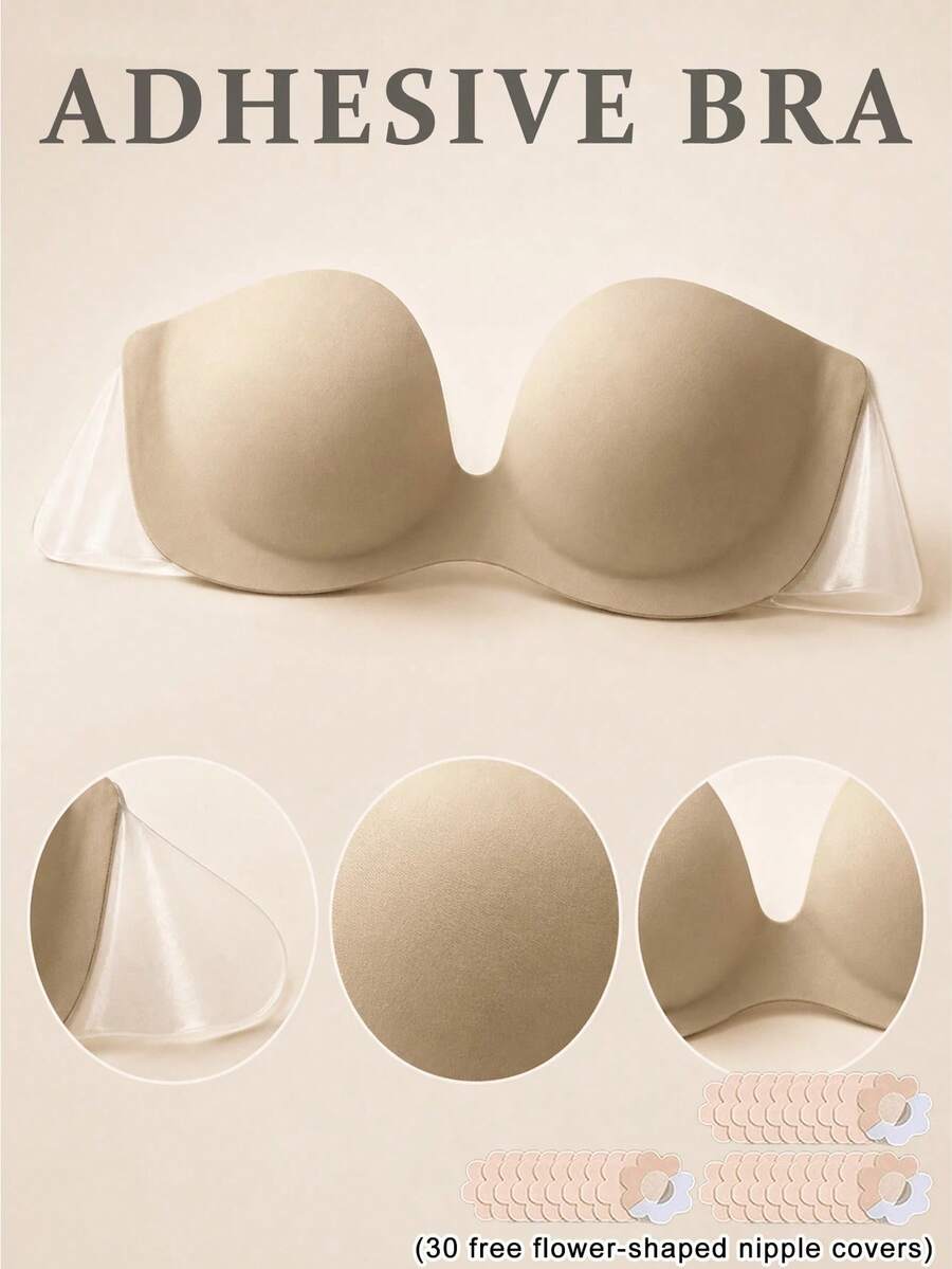 Apricot & Black Dual-Color One-Piece Bra (Includes 30pcs Non-Woven Fabric Flowers), Minimalist Matte Surface, 3D Curved Cup Design With Crescent Glue Coating, Fits Body Shape - Multicolor - View 1