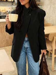 Women's Elegant Asymmetric Open Front Casual Blazer, Vintage Style, Suitable For Commuting And Office Wear, Black, Early Autumn/Spring - Black - View 4