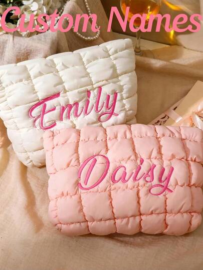 Personalized Embroidered Nylon Makeup Bag, Travel Down Bag, Bridesmaid Gift, Bachelorette Party Women's Gift, Makeup Bag, Wedding Party Gift, Women's Gift, Customized Bag, Bachelorette Party Gift, Embroidered Name Bag, Travel Bag, Quilted Bag