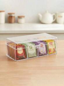 Caja de almacenamiento de bolsas de té de 1 compartimento con tapa abatible, caja de almacenamiento de té transparente apilable, caja de almacenamiento de bolsas de té de plástico de 4 compartimentos, adecuada para cocina y encimera - transparente - Ver 10