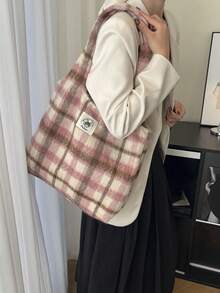 秋冬款粉色格紋毛絨托特包，復古羊毛大容量通勤女款單肩托特包 - 粉色 - 查看 6