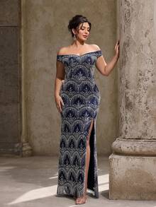 VIPGIRL Gaun Malam Mewah Elegan Model Tulang Ikan Tanpa Lengan Warna Biru Tua Ukuran Plus, Model Baru, Berhiaskan Manik-manik dan Mutiara - Navy Blue - View 1