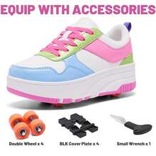 BLSART 1 Pair Kids PU Colorblock Lace-Up Round Toe Thick Sole Detachable Hidden 2-In-1 Four-Wheel Roller Shoes, Suitable For Outdoor Daily Skating, Children's Wheeled Sports Shoes, Student Gift - Blue and White - View 10