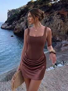 Fashion Solid Color Backless Sleeveless Summer Party Short Dress - Coffee Brown - View 4