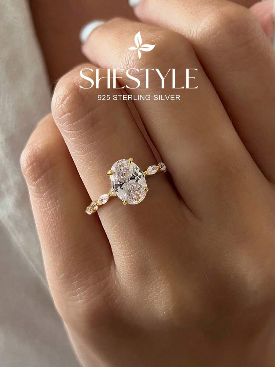 1件橢圓形訂婚戒指，優雅女性婚禮珠寶，經典立方鋯石戒指，精緻新娘珠寶，求婚承諾戒指，婚禮週年禮物