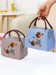 Cute Dachshund Striped Lunch Bag With Utensil Storage, 2D Flat Pattern, Portable Insulated Hot & Cold Lunch Bag, Handheld Lunch Bag, Multi-Functional Insulated Bag, Office Lunch Bag, Suitable For School, Picnic, Commute, Reusable, Waterproof Lunch Box, Back To School Essential, Unique Party Gift, Back To School Gift, New Job Gift, Birthday Gift - Multicolor - View 3