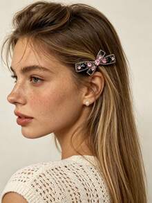 1pc Pink & Black Contrast Heart Rhinestone Bow Hair Clip, Luxury Shiny Women's Party Banquet Daily Styling Side Hair Accessory - Multicolor - View 7