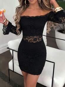 Autumn/Winter Sexy Lace Off-The-Shoulder Black Fitted Dress - Black - View 2