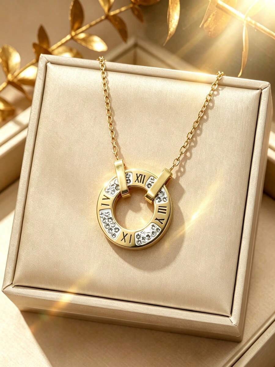 1pc Gold-Colored Stainless Steel Accessory, Cubic Zirconia Decorated With Roman Numerals, Creative And Fashionable, Unique French And Korean Style, Versatile For Gift Giving, Suitable For Women And Couples,Great For Daily Wear, Street Parties, And Festivals - Gold - View 1