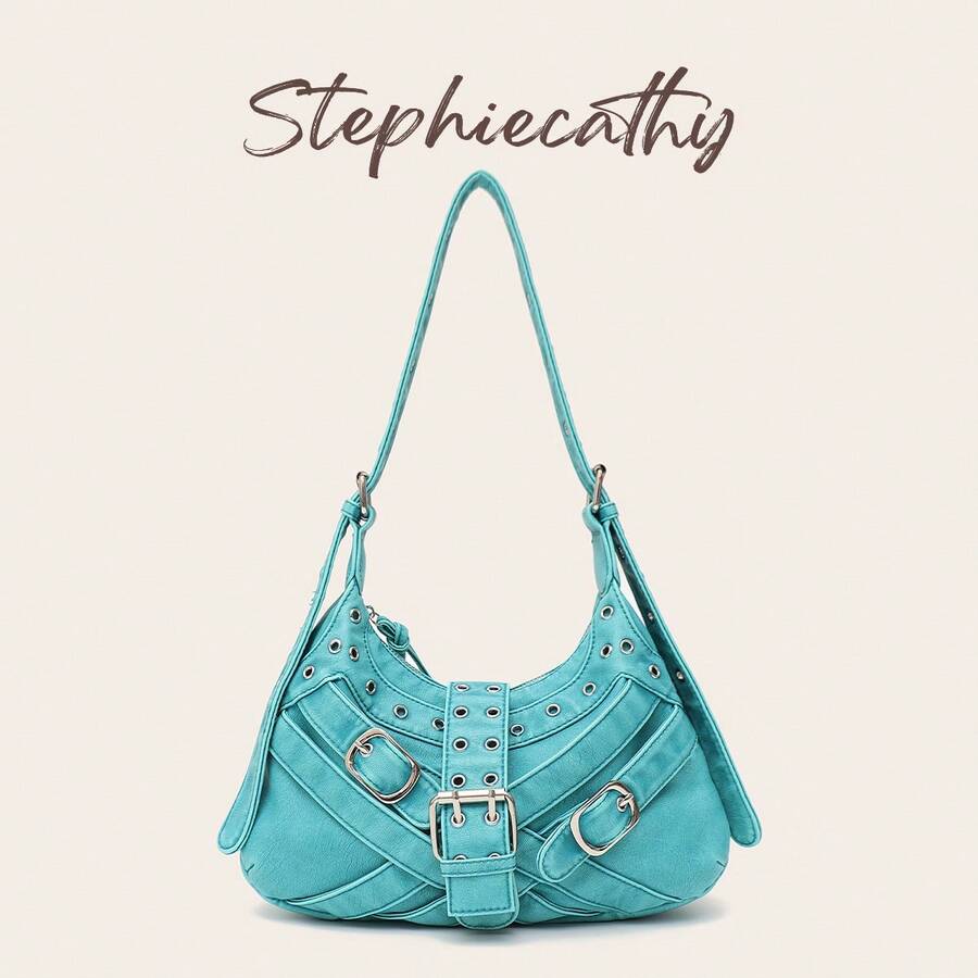 STEPHIECATHY Women's Shoulder Bag Retro Brush Off Color Washed PU Vegan Leather Buckle Belts Metal Eyelets Decoration Punk Y2K Style Adjustable Strap Hobo Handbag - Multicolor - View 1