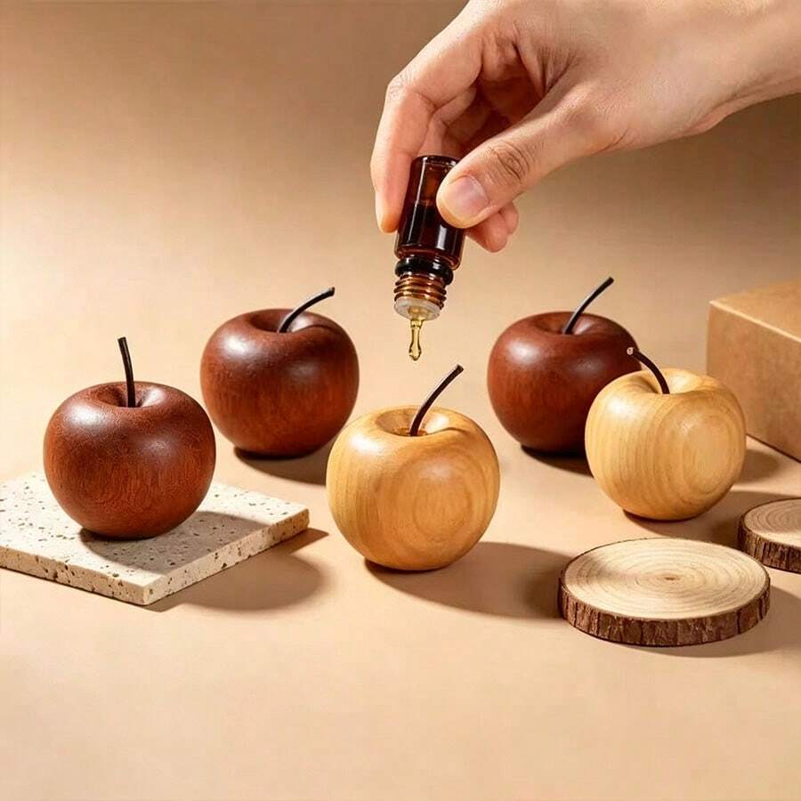 1/2/4pcs Apple Shaped Aroma Diffuser - Wood Grain Apple Aromatherapy Diffuser, Suitable For Home, Car And Hotel Decoration. Wooden Apple Air Freshener, Perfect For Christmas And Halloween Decor. - Apricot - View 1