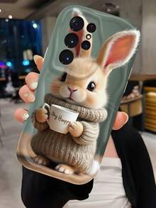 1 buah Casing Ponsel Pelindung Anti Guncangan dan Anti Jatuh INS Bergelombang Warna Krem, Casing Ponsel Kelinci Lucu dengan Kelinci Mengenakan Sweater Memegang Cangkir Kopi dan Cetakan Teks "Keep Happy", Casing Ponsel Pelindung TPU Lembut dengan Tepi Bergelombang, Kompatibel dengan Perangkat Android, Ponsel Seri - Putih - View 4
