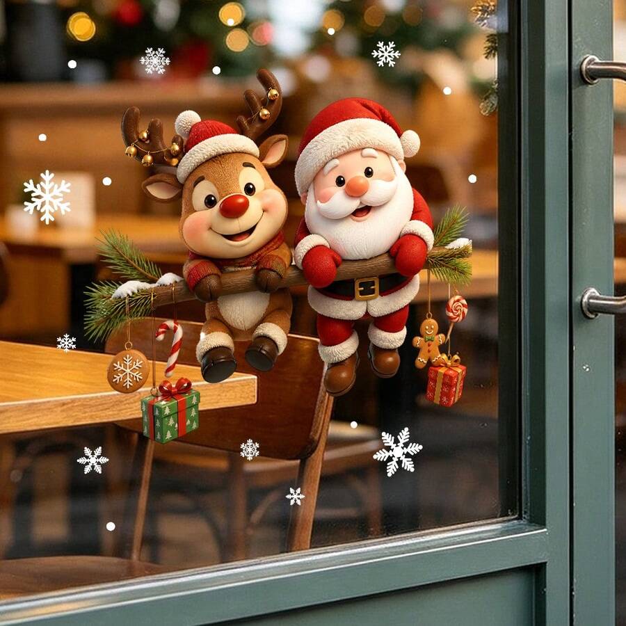 1/2pcs Christmas Window Clings, Santa Reindeer Snowman Static Glass Stickers, Removable Double Sided Snowflake Decals For Glass Doors Showcase Xmas Holiday Home Decor