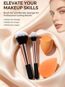 4pcs Makeup Tool Set, 2 Makeup Brushes And 2 Makeup Sponges Set, Soft And Fluffy Bristles For Foundation And Blush, Non-Absorbent Makeup Sponges For Smooth Makeup Effect - Multicolor - View 2