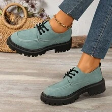 Sepatu Loafer Wanita Sol Tebal Ringan Nyaman Bertali Ujung Bulat Musim Semi Musim Gugur Baru Serbaguna Sepatu Hak Tebal Gaya Retro Inggris Sepatu Kulit Kecil untuk Perjalanan Sehari-hari - Mint Blue - View 6