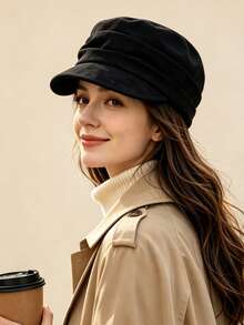 Women Faux Suede Newsboy Cap, Pleated Face-Slimming Hat, Adjustable Maillard Style, Fall Winter Essential - Solid Color Flat Top Newsboy Cap - View 4