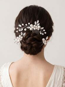 3pcs Elegant Faux Pearl & Rhinestone Twisted Hair Comb And U-Shaped Hair Pin Set, Forest Style Bridal Wedding Party Updo Hair Accessories, Beautiful Fairy-Like Pearl & Rhinestone Hair Ornaments, Versatile Hair Clips Combination For Wedding, Party, Photoshoot - Silver - View 8