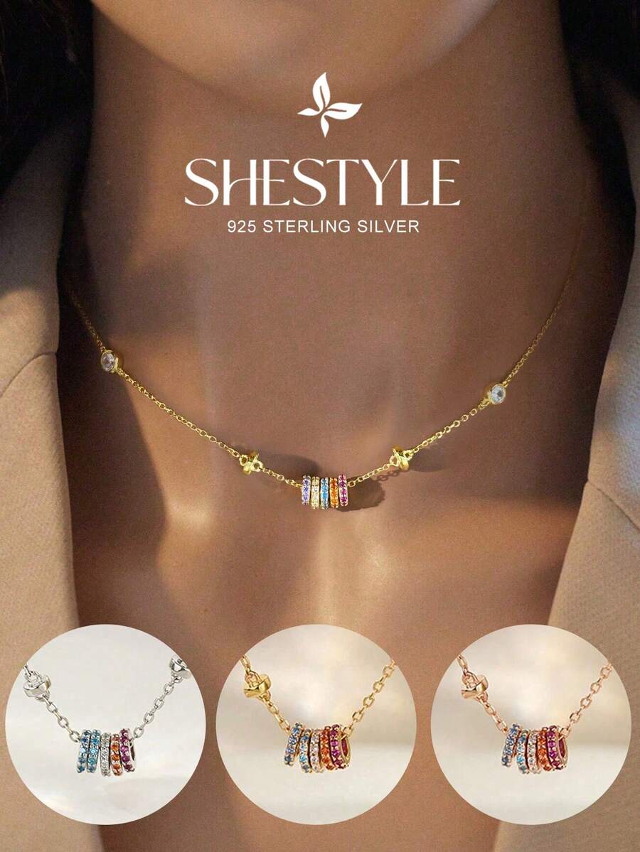 1pc 925 Sterling Silver Cubic Zirconia Colorful Lucky Bead Necklace, Elegant Anniversary Gift For Girlfriend