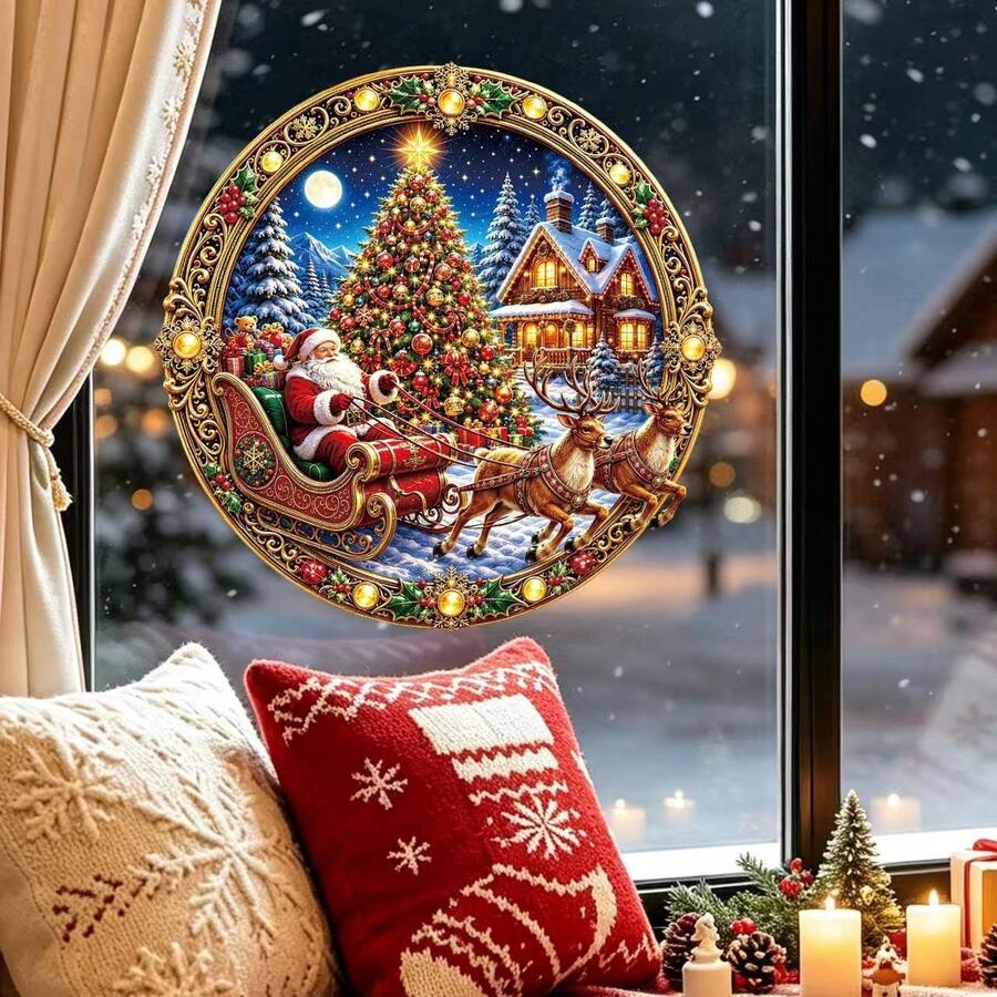 1pc Vintage Round Santa Claus Reindeer Sleigh Static Window Sticker, Christmas Tree Snow Scene Window Decoration Sticker, Christmas Decor, Glass Window Sticker, Christmas Gift - Multicolor - View 1