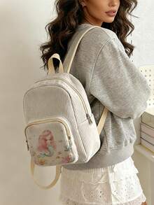 1 Piece Backpack, Women's Mini Backpack, Corduroy Girl School Bag, Travel Storage Bag, Mermaid Printed Design, Large‑Capacity Foldable Easy‑To‑Store Bag, Lightweight & Pressure‑Relieving, Multi‑Pocket Layered Design With Zipper Closure - Pink-haired Mermaid 22730 - View 2
