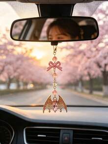 Pink Diamond Bat Bow Car Rearview Mirror Hanging Ornament, Beaded Car Interior Pendant, Sweet & Cool Girly Style - Bat - View 1