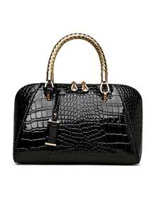 New Women's Handbag With Faux Crocodile Texture PU Material, Comfortable Woven Handle, Fashionable Tag, Versatile Minimalist Design For Daily Commute, Outings, Shopping And Travel - Black - View 4