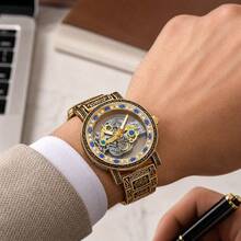1pc Hollow Mechanical Watch With Exquisite Strap, Floral Engraving And Colorful Stone Inlaid Bezel, Fashionable And Versatile, Perfect Gift - Mouldless - View 7
