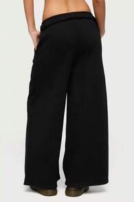 Women's Wide Leg Sweatpants, High Waist, Frayed Raw Hem Waistband, Loose Fit, Casual Loungewear, Street Style - Black - View 4