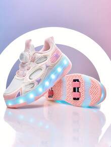 女童四輪發光輪滑鞋，USB充電式LED燈，旋轉按鈕免鞋帶透氣網布可伸縮輪，彩色發光輪滑運動鞋 - 粉色 - 查看 5