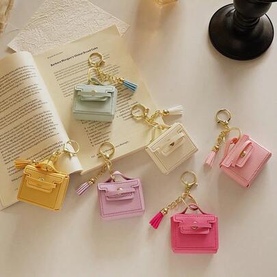 2pcs Mixed Color Mini Handbag Shaped Keychain Pendant, PU Leather Tassel Bag Charm, For Backpack Decoration