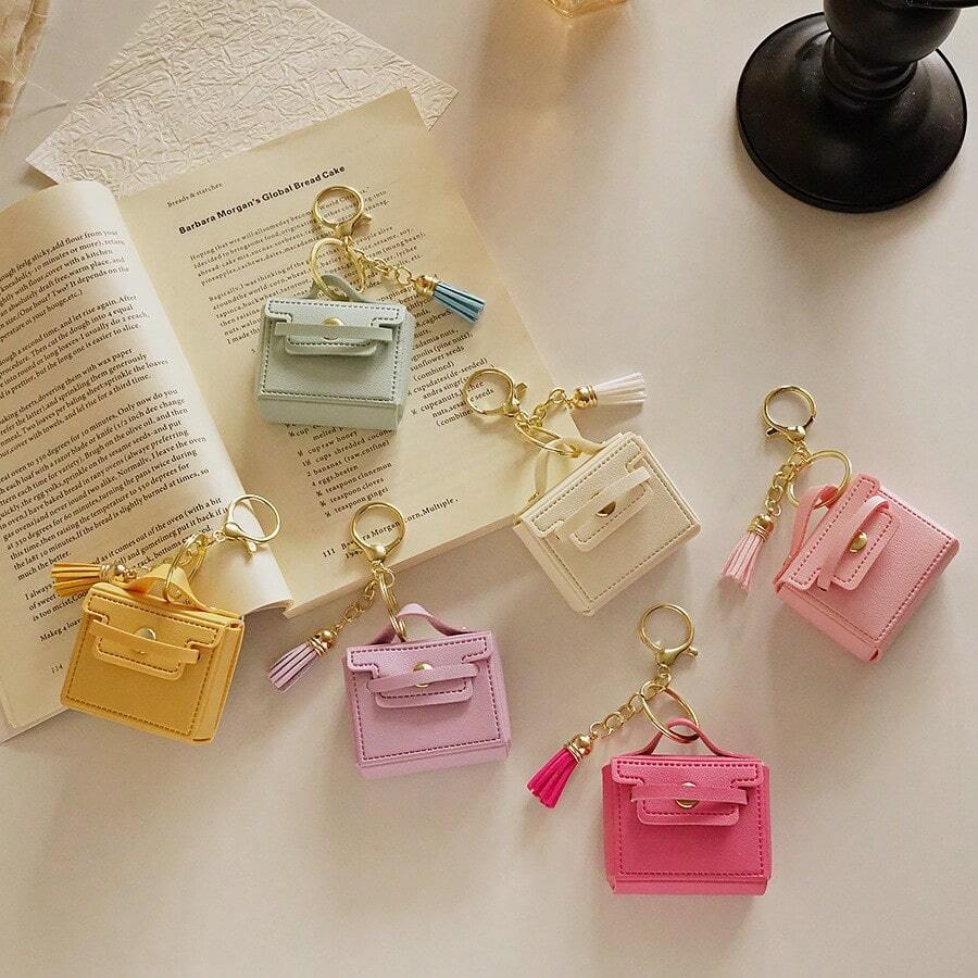 2pcs Mixed Color Mini Handbag Shaped Keychain Pendant, PU Leather Tassel Bag Charm, For Backpack Decoration - Multicolor - View 1
