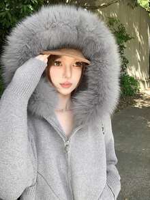 Women's Solid Color Hooded Knit Cardigan Sweater With Detachable Fur Collar, Autumn - Grey - View 4
