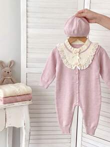 Infant Ins Gentle Taro Purple Knitted Romper, Hollow Lace Ruffle Edge Double Bow Long Sleeve Jumpsuit - Mauve Purple - View 3