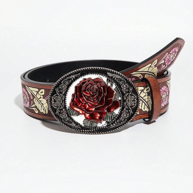1pc Vintage Rose Embossed Oval Metal Buckle Floral Print Women's Fashion Decorative Belt, Western Cowboy Bohemian Style Versatile Personality Leather Belt, Suitable For Matching Jeans, Dresses, Skirts, Shirts, Knitwear, Blazers To Accentuate Waist, Can Be Used For Daily Commute, Dating, Outings, Music Festivals, Photo Shoots, Gatherings And More Occasions, Slimming And Eye-Catching To Enhance Overall Outfit Layering - Pink Embossed-a - View 5