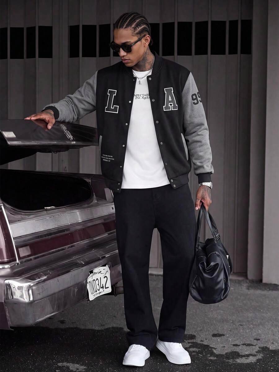 MAISONFOX Jaket Baseball Kasual Lengan Panjang Pria dengan Cetakan Huruf dan Warna Kontras, Musim Gugur, Jaket Varsity Rave Hitam, Jaket Letterman, Musim Gugur Musim Dingin, Pakaian Pria Gaya 80-an - Hitam - View 1