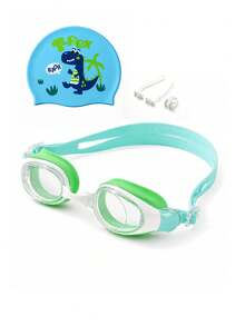 Children's Swim Goggles Set, Cute Printed Swim Cap, Colorblock Design, Adjustable Goggles With Earplugs And Nose Clip, Swimming Pool Water Play Equipment - Green - View 8