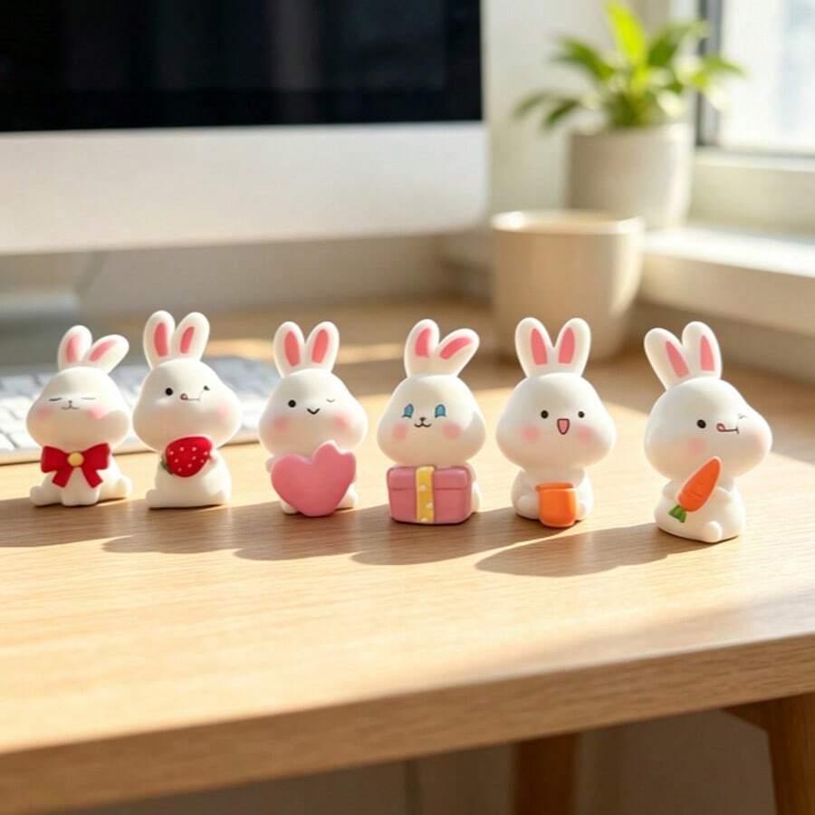 Cute Resin Bunny Figurine, Kawaii Rabbit Ornament With Bow Strawberry Heart Gift Box Carrot, Desktop Table Decor, Home Office Decoration, Photography Prop, Holiday Gift - Multiple Styles - View 1