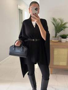 Elegant Women's Long Loose Black Knitted Wool Poncho Cardigan, Long Sleeve Asymmetric Design, Overlapping Collar, Suitable For Autumn/Winter (Belt Not Included) - Black - View 2