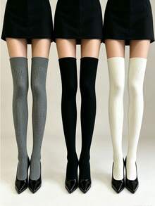 3 pares de calcetines altos de muslo acanalados de color sólido, suaves y elásticos, calcetines largos de invierno por encima de la rodilla para mujeres - Multicolor - Ver 10
