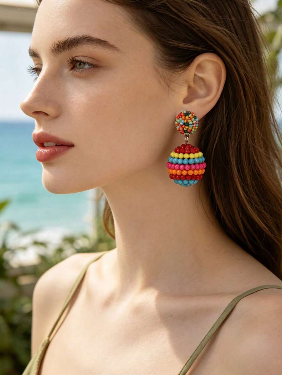 Random Color Round Drop Earrings - Multicolor - View 1